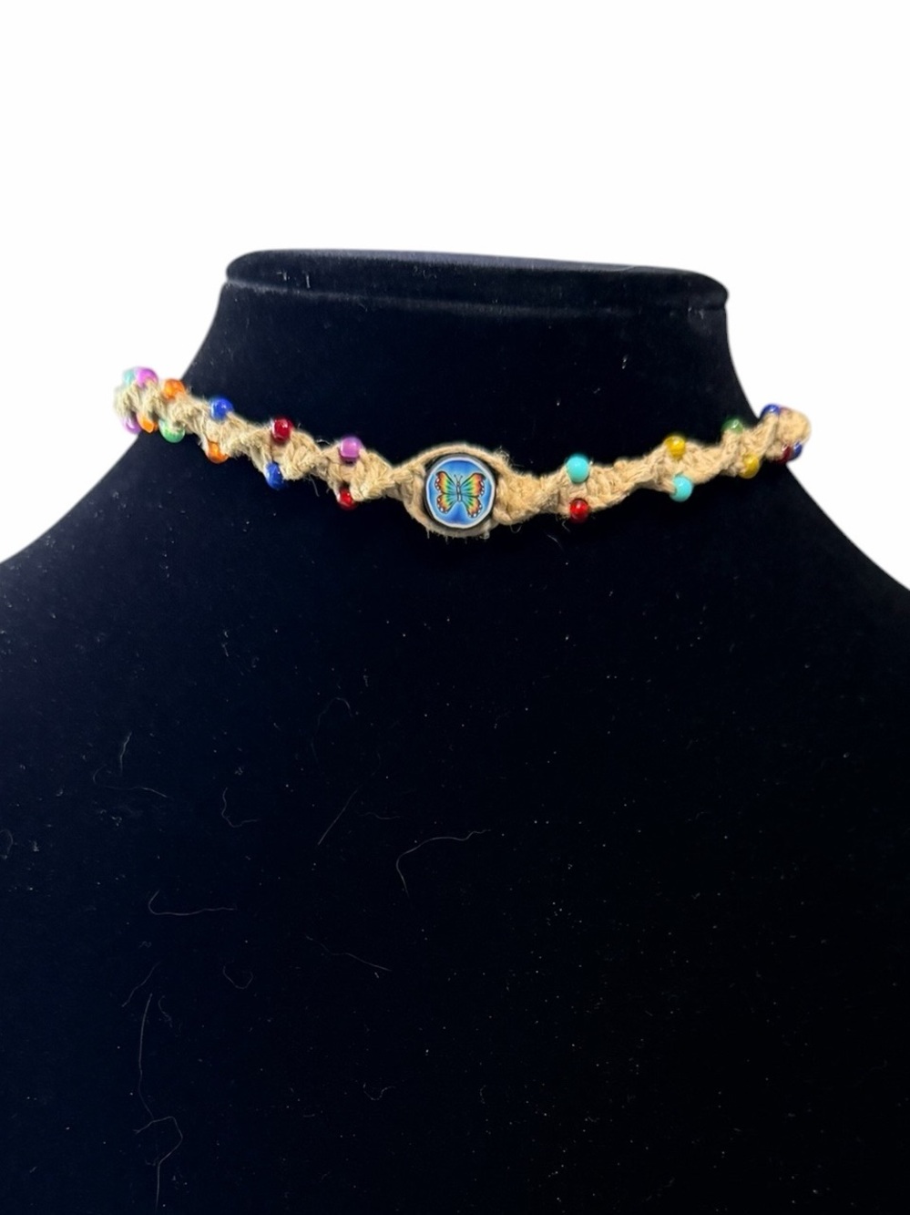 Handmade Hemp Twist Necklace with Multicolor Beads-Butterfly Bead Choker